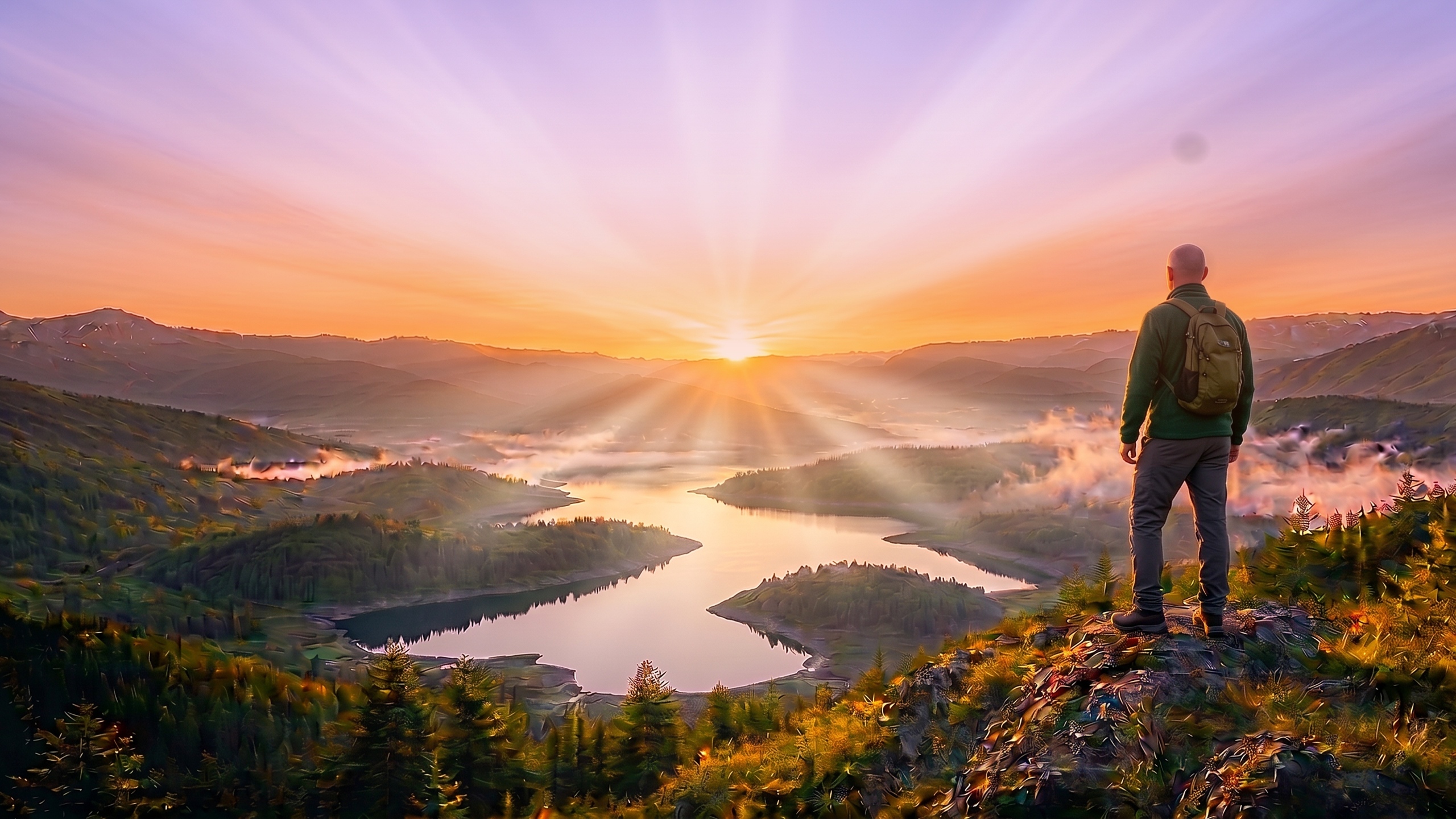 A man with closely shaved hair, wearing a green fleece and backpack, standing on a hilltop overlooking misty hills and a lake at sunrise
