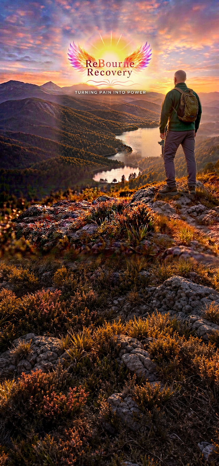 ReBourne Recovery logo with the tagline Turning pain into power, beside a man with a backpack on a hilltop at sunrise. A Gentle Path to Addiction Recovery. Personalised support, holistic approach, safe and non-judgemental, practical tools.