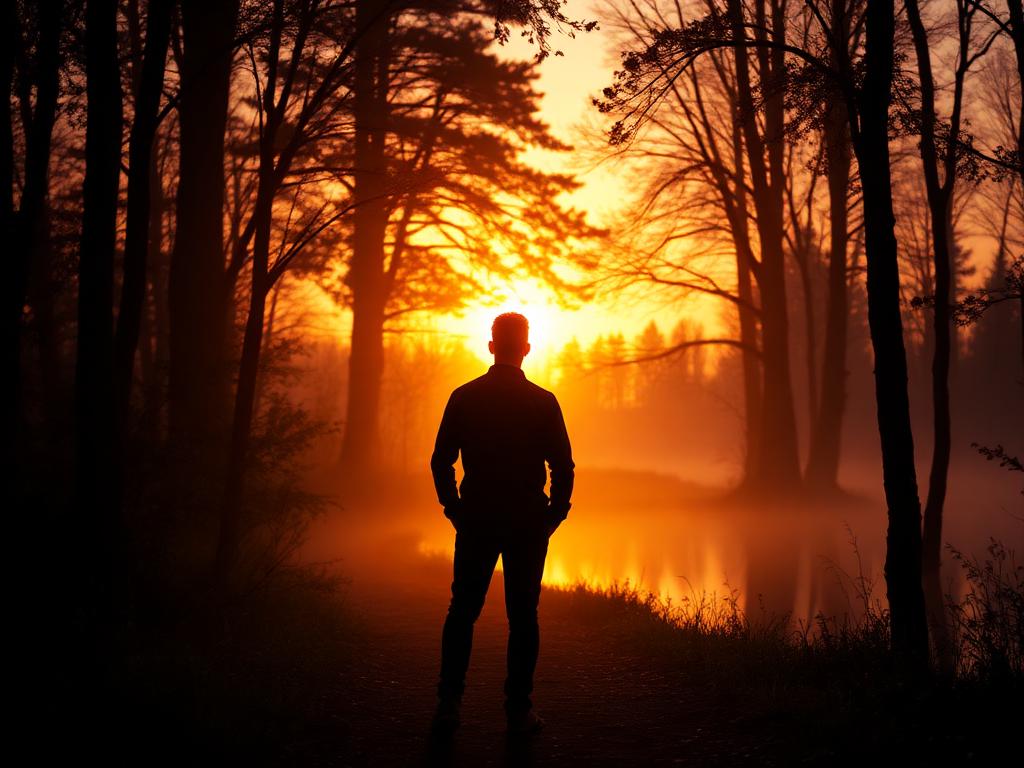 A man standing peacefully in a sunlit forest at sunrise