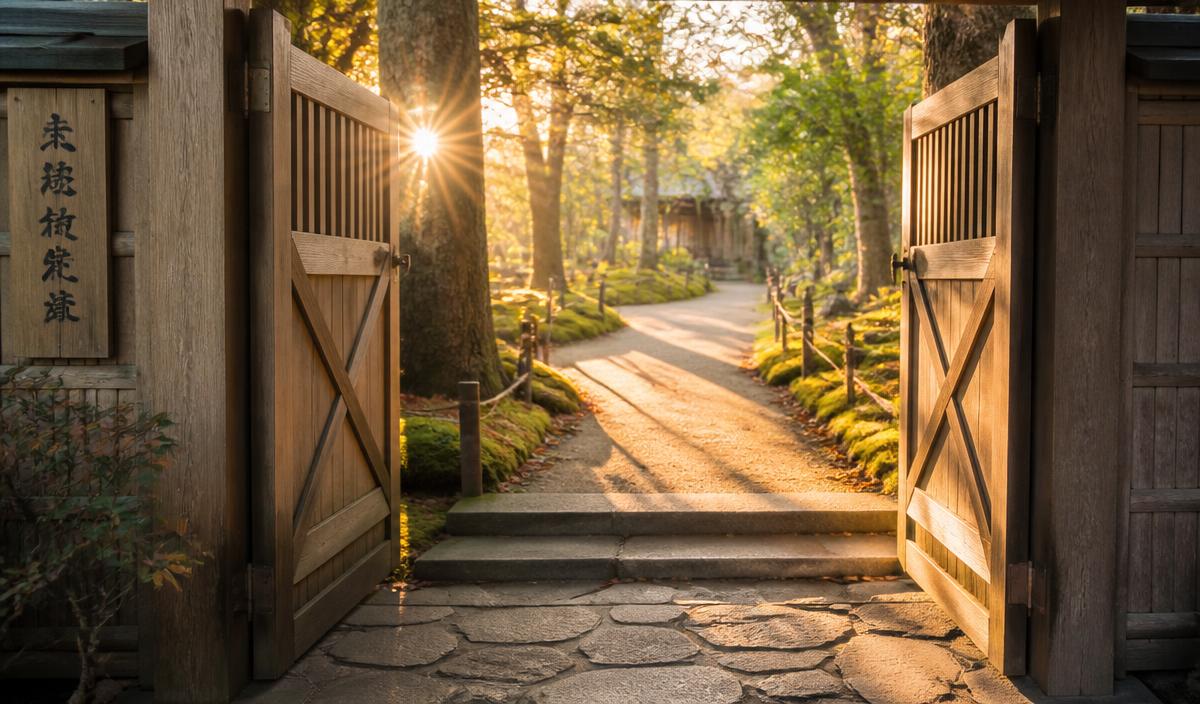 An open wooden garden gate leading onto a sunlit path