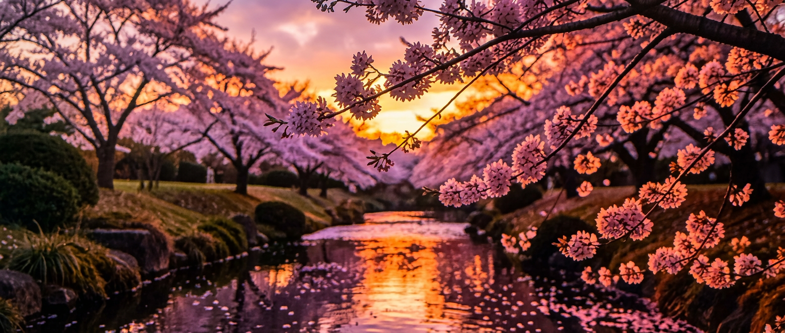Canal lined with cherry blossom trees at sunset, golden light reflecting on the water
