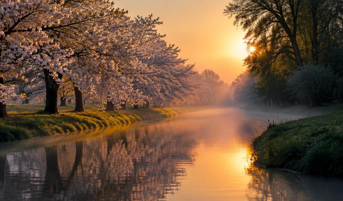 Canal lined with cherry blossom trees at sunset, golden light reflecting on the water