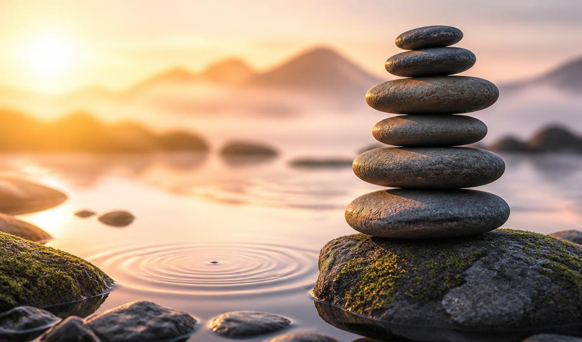 Balanced zen stones beside still water with gentle ripples at sunrise