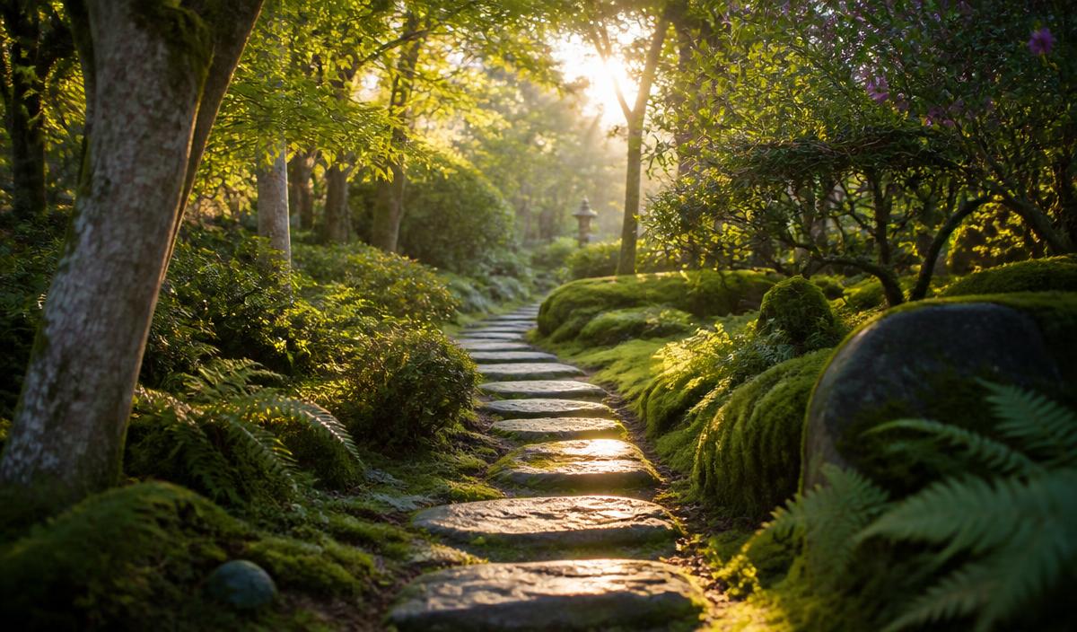 Moss-lined stepping stone path winding through a sunlit Japanese garden
