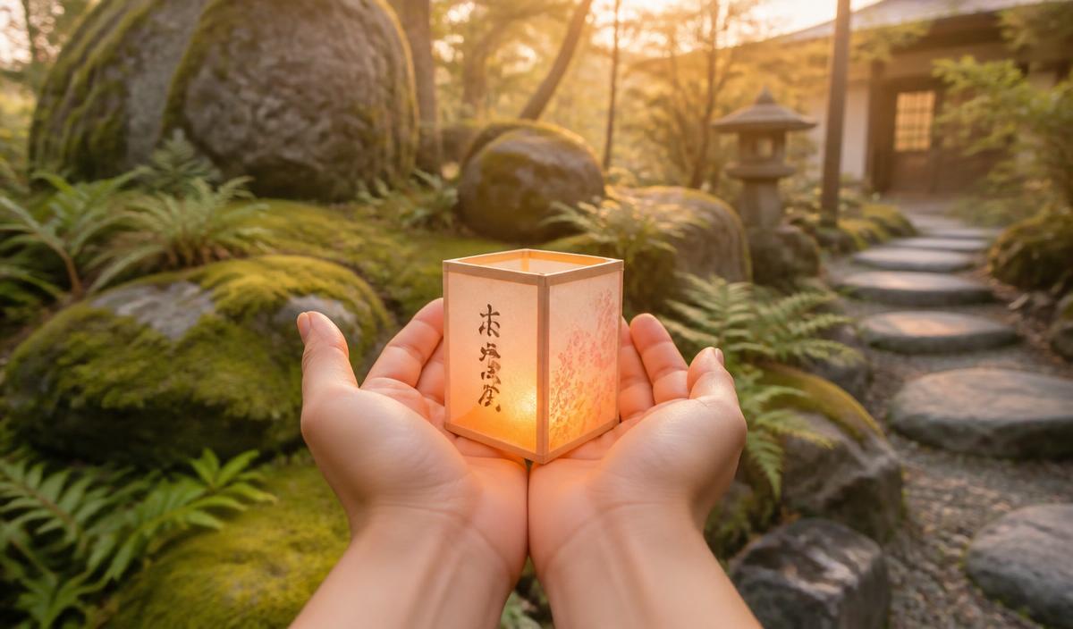 Hands cradling a glowing paper lantern in a peaceful garden